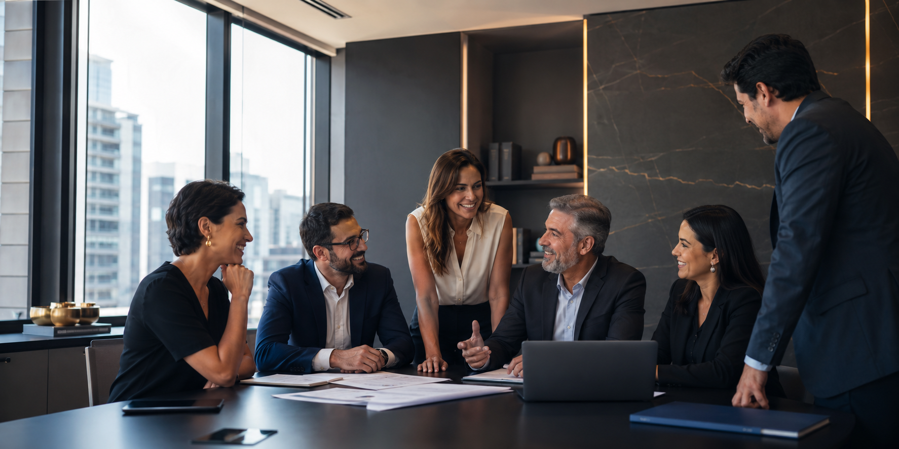 Equipe diversa colaborando em um ambiente de consultoria